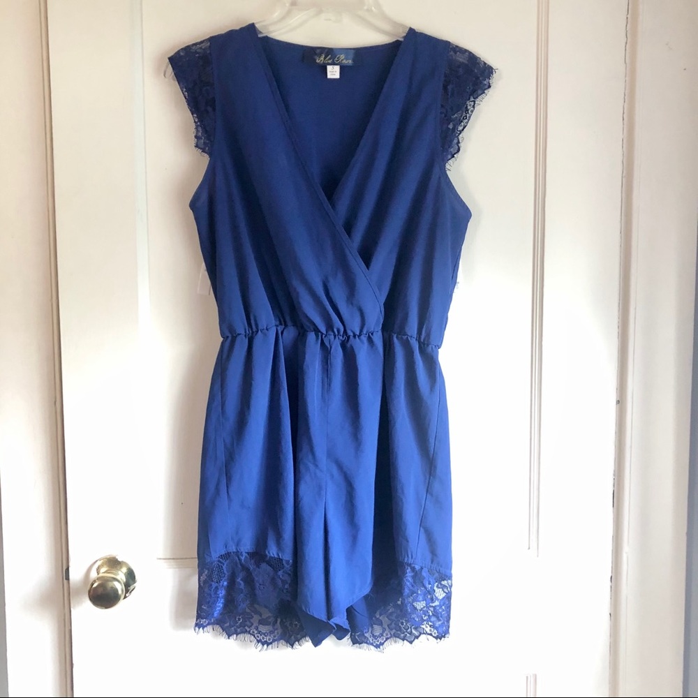Blue Short Sleeve Lace Romper